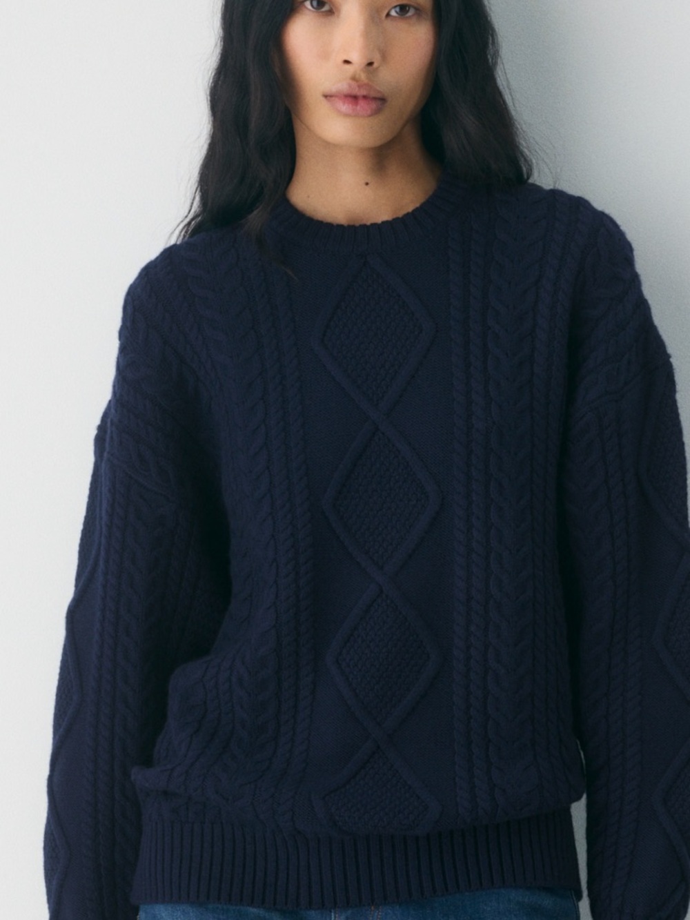 Aritzia Heritage Knit Merino Wool Navy Cable-Knit Crewneck Sweater NWOT